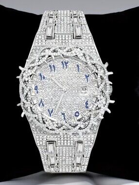Iced Out Thorn Crown Bezel  Watch w Arabic Numeral Dial Fully Iced Out 45MM